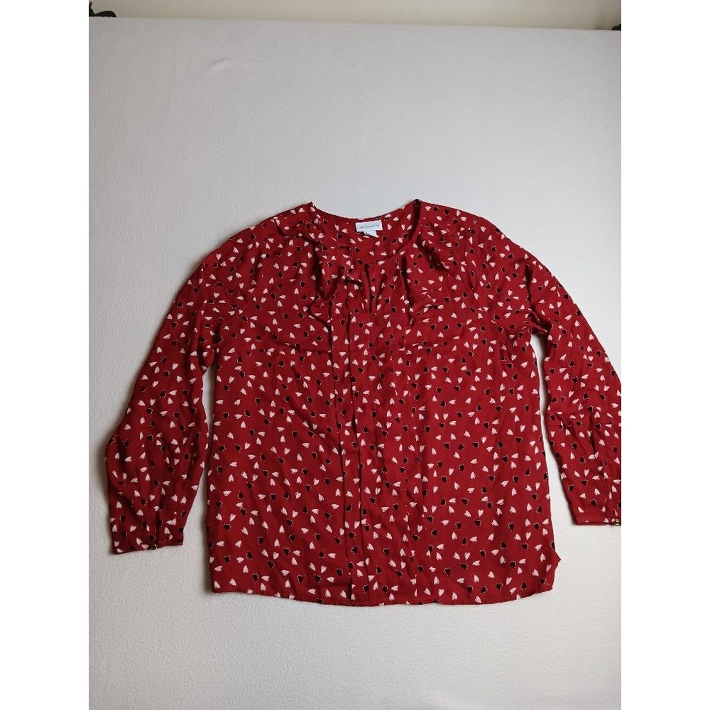 Liz Claiborne Womens PL Petite Large Red Heart Print Tie Neck Blouse Long Sleeve
